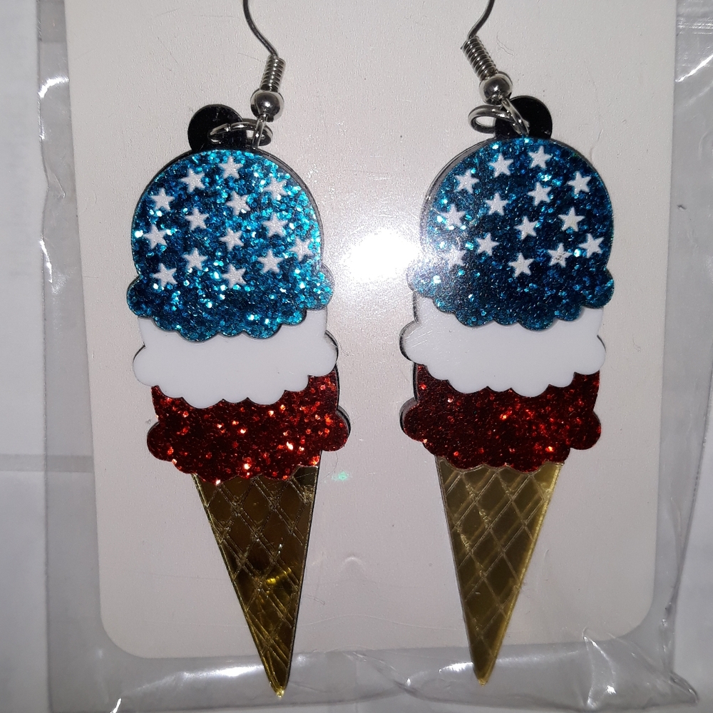 Fourth of July Earrings SKULL  Teardrop wood acrylic patriotic 925 ss wires NEW - Picture 5 of 13